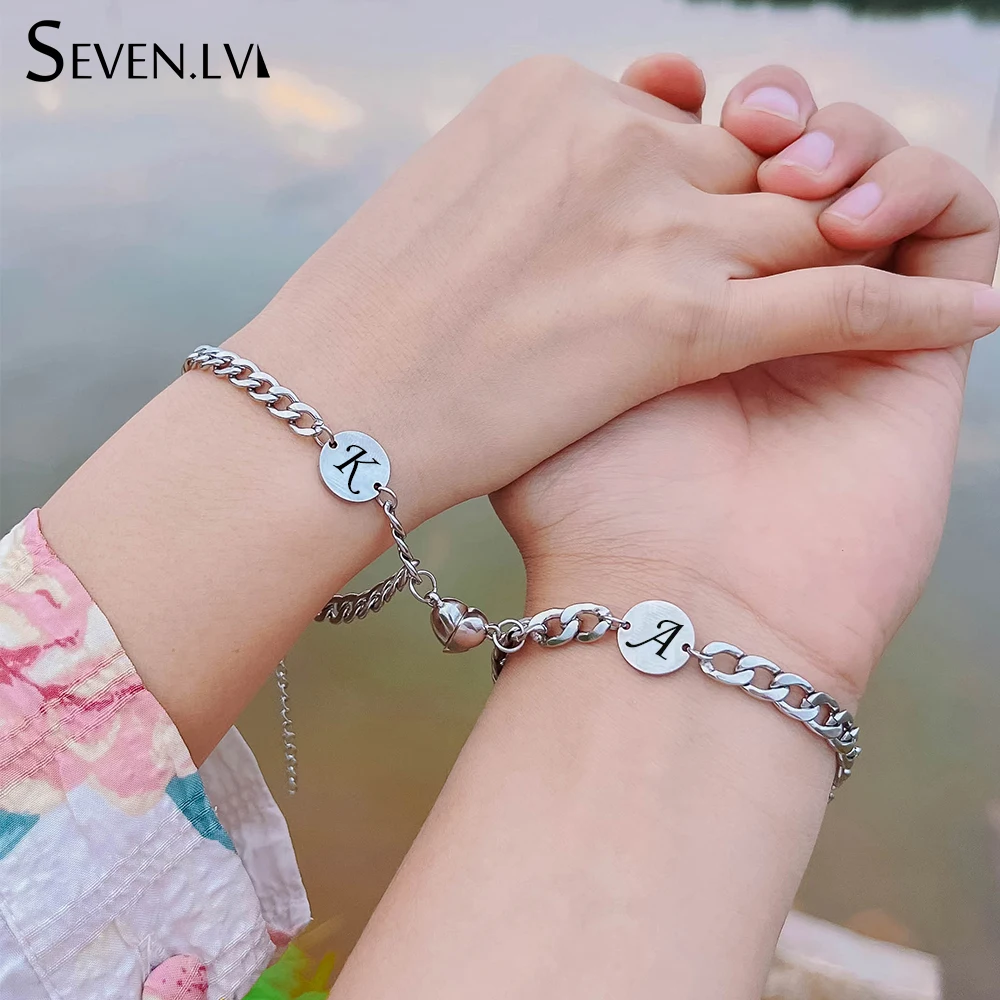 2pcs/set custom 26 letters charm couple Bracelet  heart magnet attract stainless steel bracelets for women men wholesale