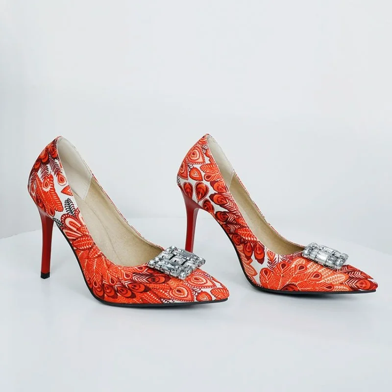 

Ochanmeb Stiletto Heel Women Crystal Rhinestone Pumps Big Plus Size 48 Pointed Toe Print Flower Shoes for Ladies Party Prom 2022
