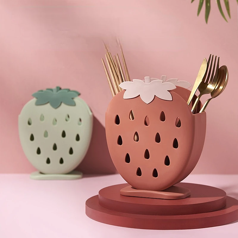 

Cute Strawberry Chopsticks Holder Drain Rack Kitchen Tableware Storage Rack Hollow Cutlery Drainer Spoon Fork Knife Shelf Holder