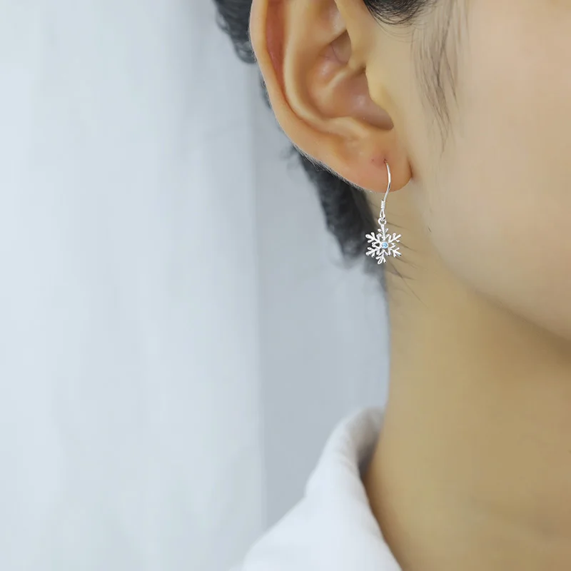 Trustdavis 100% 925 Solid Real Sterling Silver Snowflake Blue CZ Dangle Earrings For Women Girl Lady Xmas Gift DA339 | Украшения и