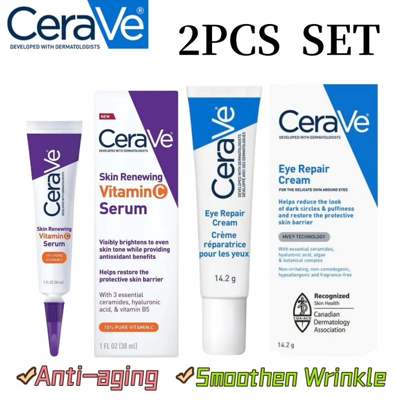 

2PCS Cerave Eye Repair Cream 0.5oz & Vitamin C Skin Renewing Serum 1fl oz Anti-Fine Lines Repair Dark Circles Under Eyes
