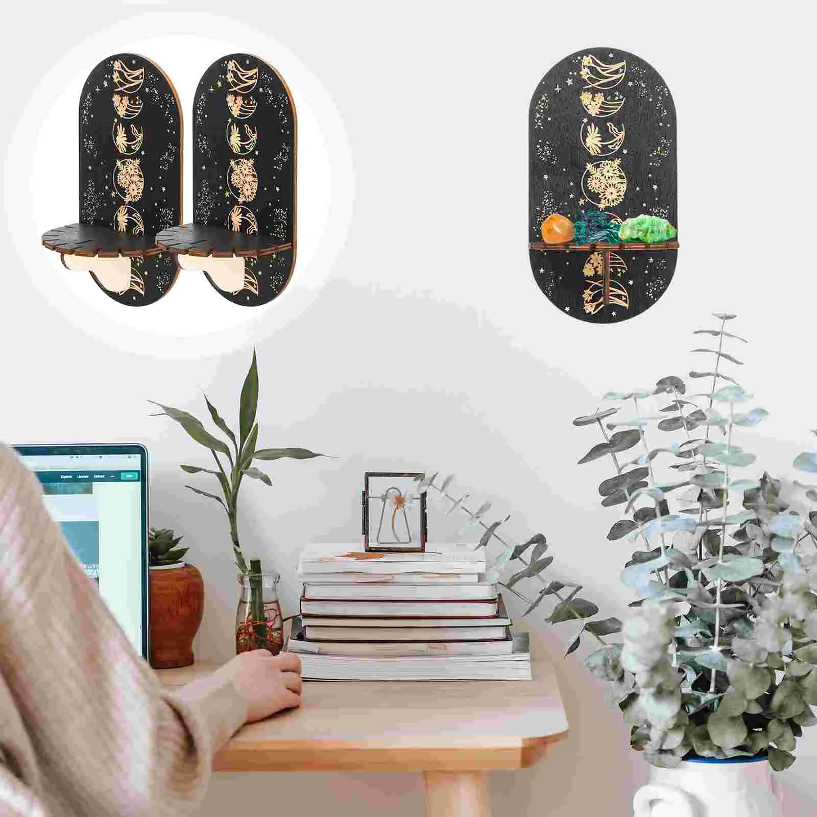 

Crystal Shelf Display Wallstandholder Moon Wiccan Base Floatingdecorative Hanging Shelves Wooden Supplies Accessories Mount