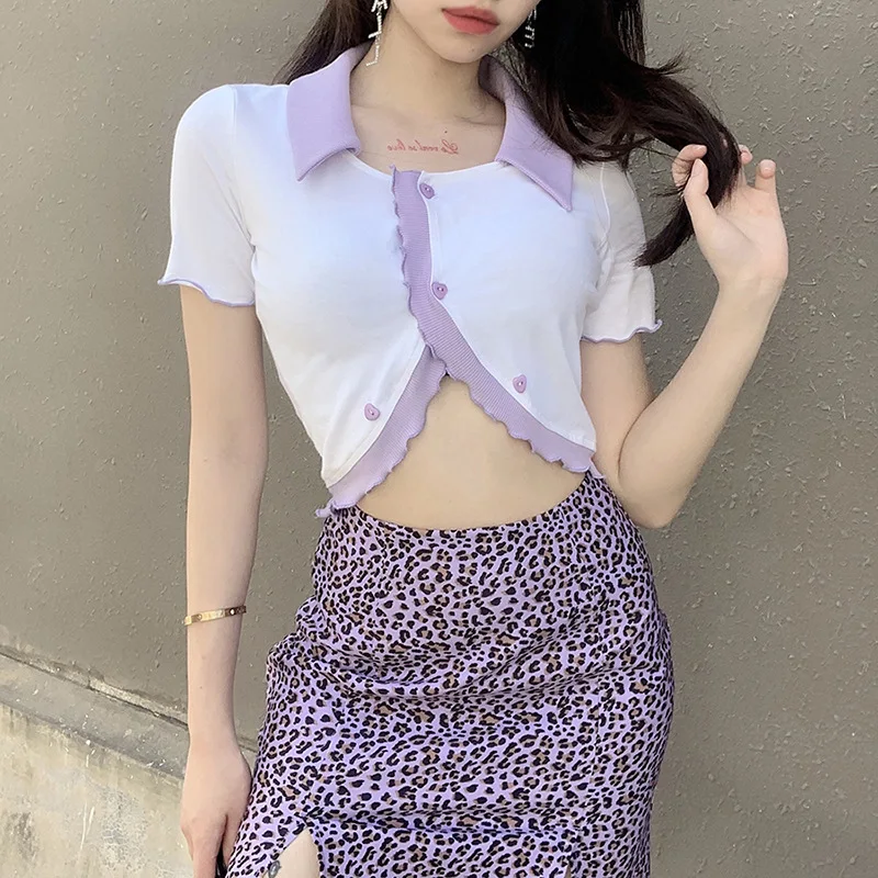 

2021 New Women Lapel Wood Ears Hit Color Cardigan Shirt T-shirt Women Irregular Women Patchwork Casual Top Vintage Clothes Woman