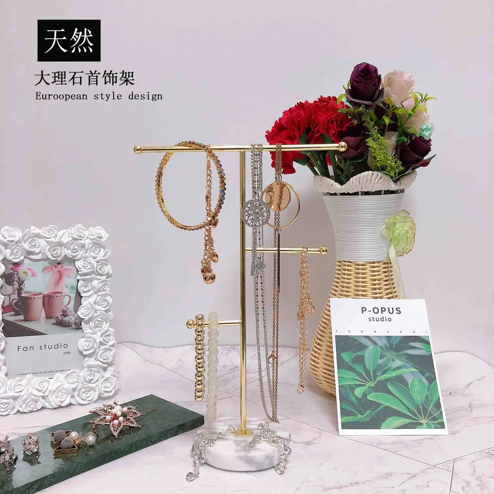 High Level Marble Bottom Gold T-shaped Earrings Ring Necklace Watch Jewelry Shelf Jewelry Stand Counter Pendant Jewelry Display
