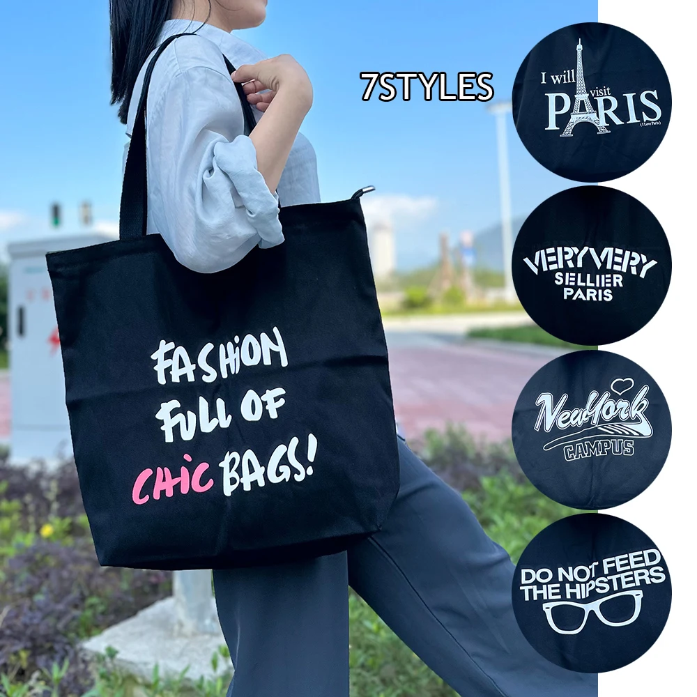 

Вместительная черная Холщовая Сумка через плечо с надписью, женская сумка для покупок, женская сумка-тоут, многоразовые сумки для покупок для продуктов