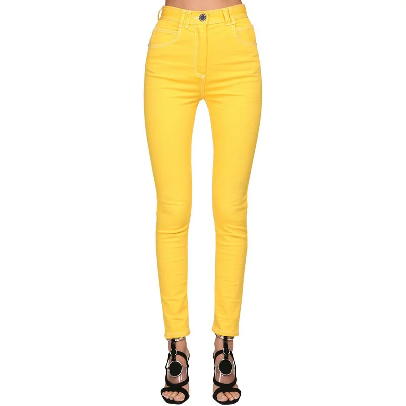 HIGH STREET 2022 Newest Fashion Stylish Designer Women's Top Stitching Contrast Denim Jeans Pencil Pants Yellow