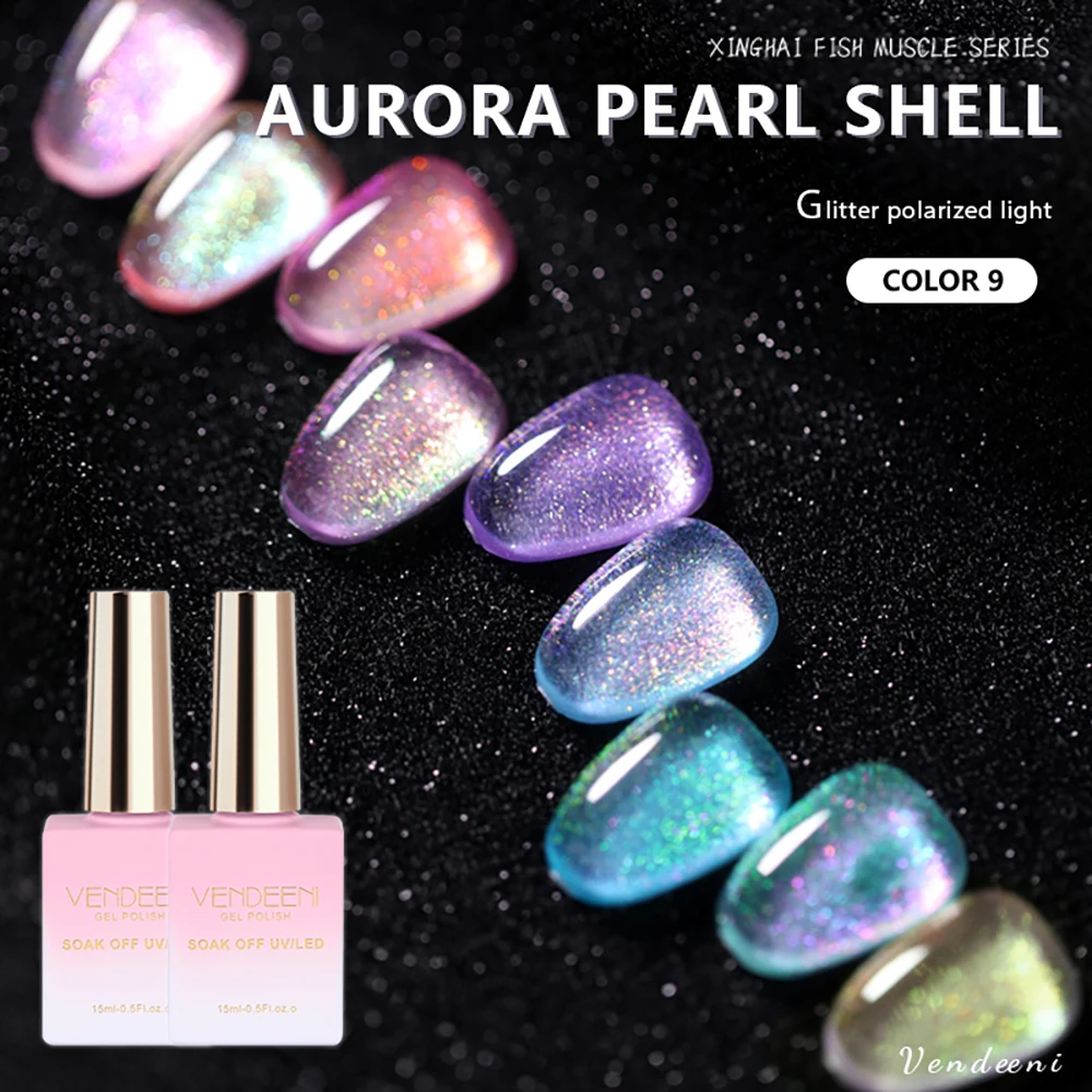 

Vendeeni 9 Colors Aurora Pearl Shell Nail Gel Polish Long Last UV Soak Off Gel Varnish Shiny Mermaid Effect Nail Art Gel Lacquer