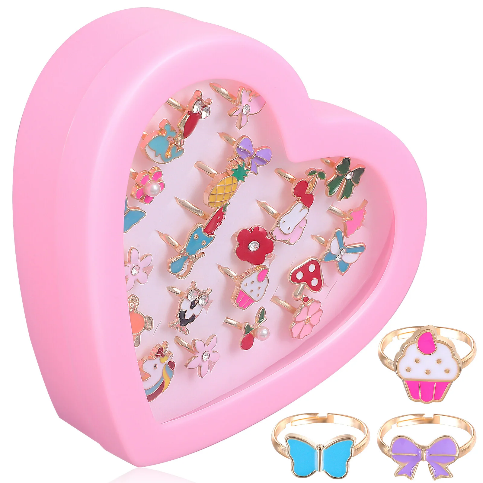 

24 Pcs Adjustable Rings for Girls Finger Rings Dress-up Rings with Display Case for Kid Children
