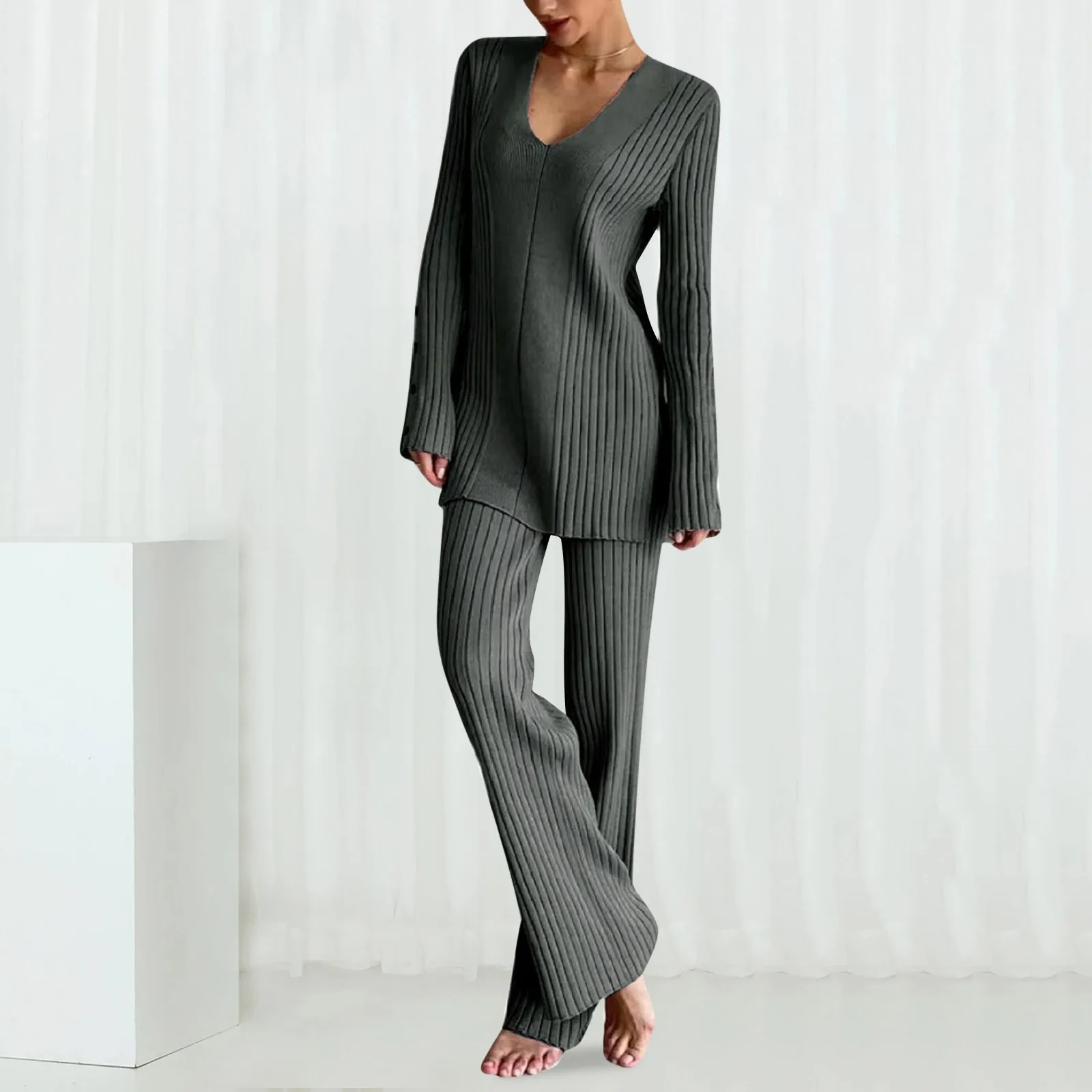 Вязаный свитер костюм с v-образным вырезом топ широкие брюки комплекты из двух