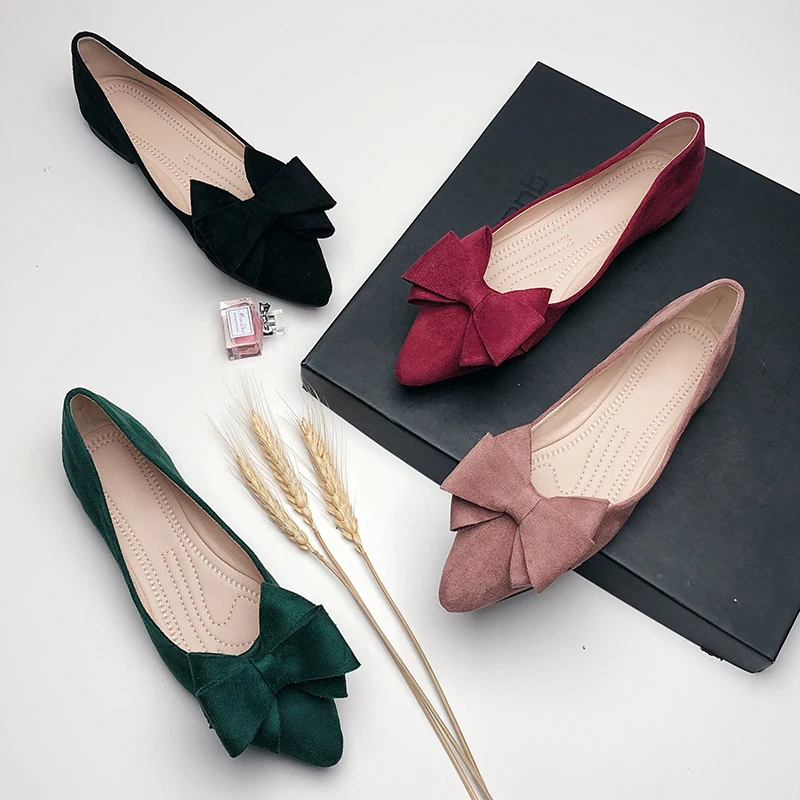 

Women Flats with Bow Solid Color Flock Leather Pointed Flat Heels for Ladies Bowknot Shoes Soft Sole Nice Quality Size 33 43