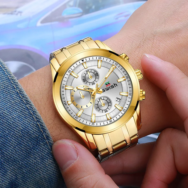 2023 Popular Europe and the United States three eyes six needle calendar waterproof 30 meters steel belt men's quartz watch