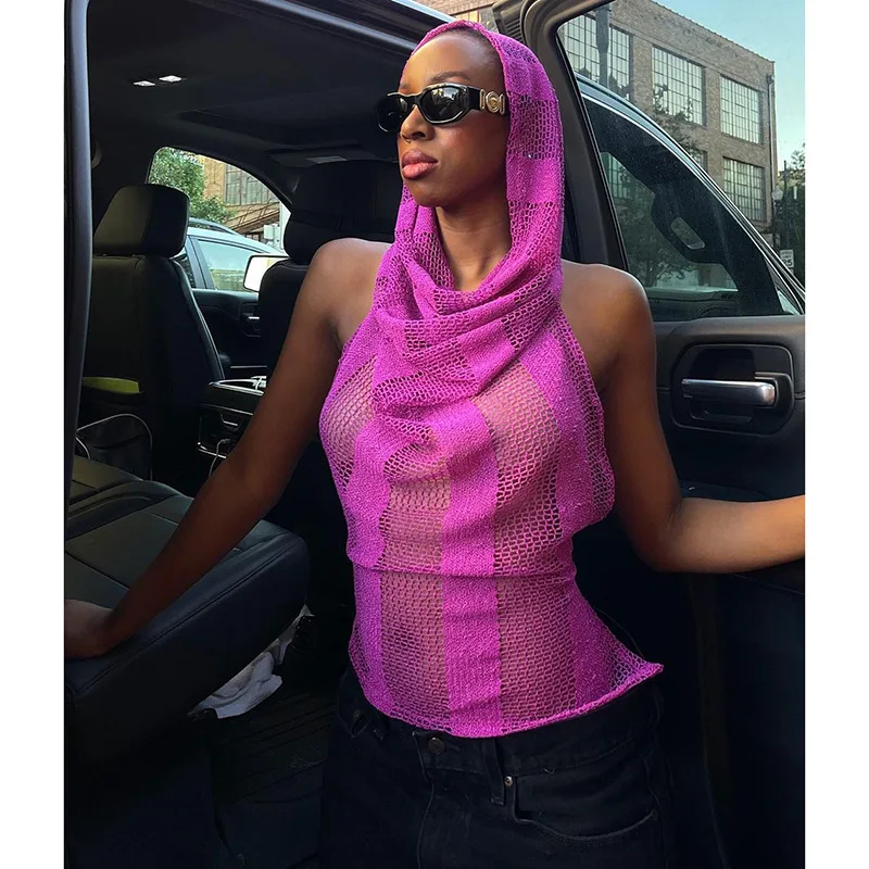 

Perspective Hooded Crop Tops Wasteland Style Women Sexy Backless Lace-up Tank Vest Sleeveless Knitted Mesh Bustiers Tops Summer