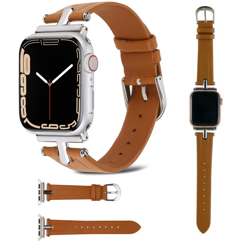 Strap For Apple Watch 7 6 Se Band 41mm 42mm 40mm 38mm iWatch Series 5 4 3 2 1 45mm 44mm Leather Inlaid Metal Adapter Wristband