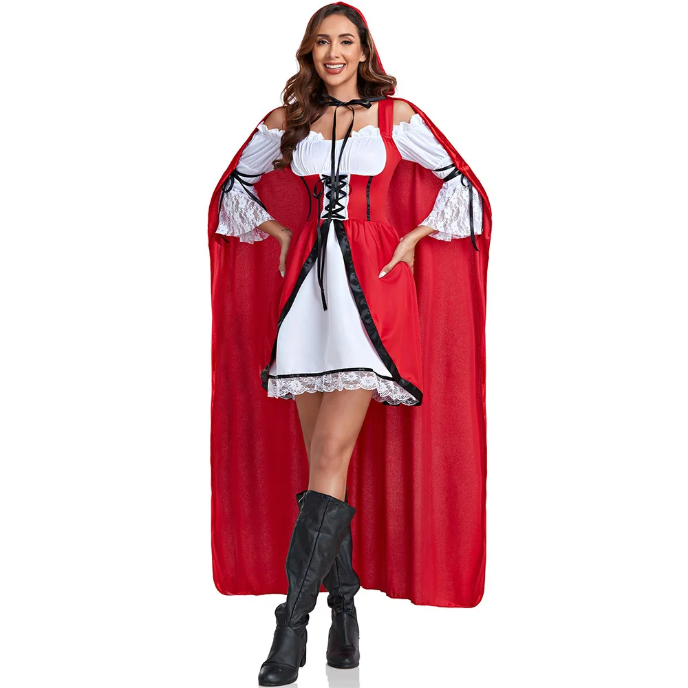 

Women Little Red Riding Hood Costume For Halloween Party Version of Stage Performance Clothing Fairy Tales Role Play Dress