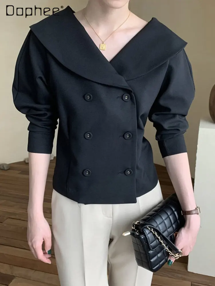 Streetwear Women's Black Jacket 2022 Fall New Korean Fashion Elegant Business Office Ladies Long Sleeve Suit Collar Short Coats