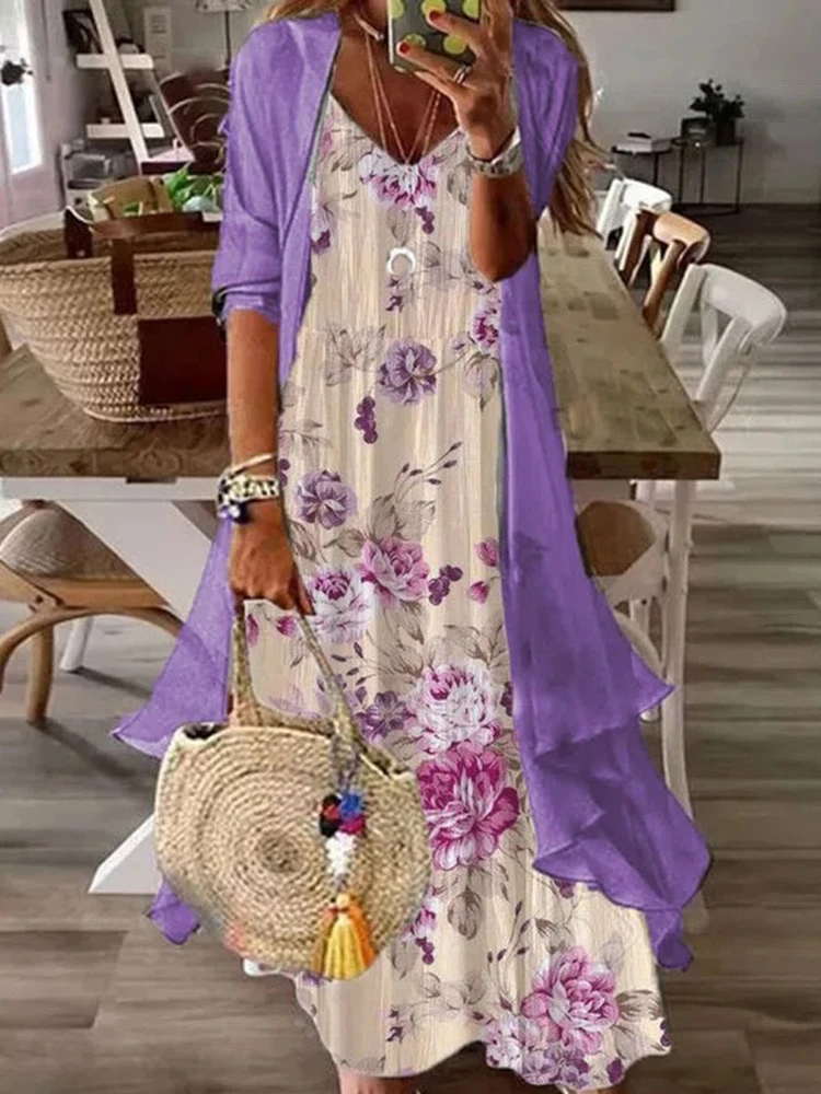 

Spring/Summer New Fashion Two Piece Dress with Chiffon Jacket Office Ladies Elegant V-Neck Print Party Dress Ladies Casual Dress
