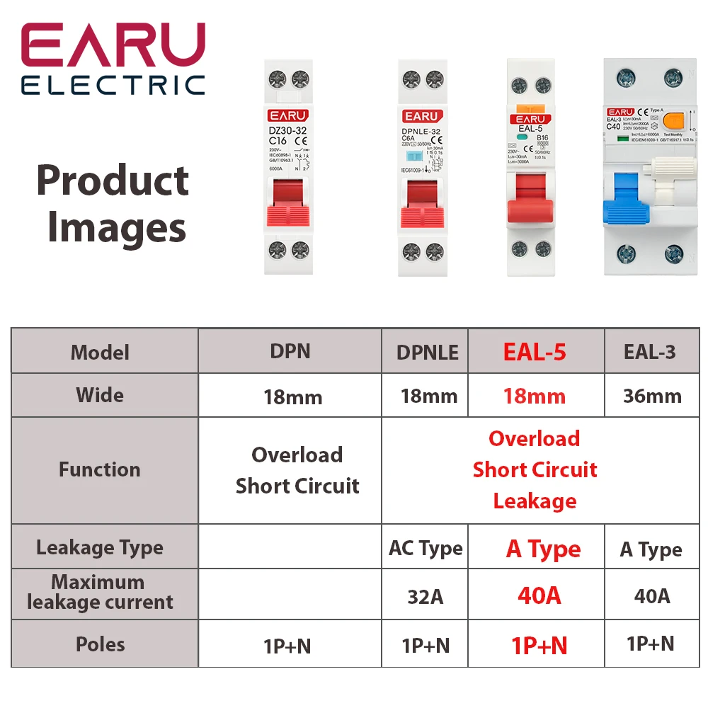 Фото 18 мм 1P + N AC 230 В Тип A 6A-40A B C Curve RCBO MCB Автоматический выключатель остаточного тока от короткого тока 30 мА Защита от утечки №4