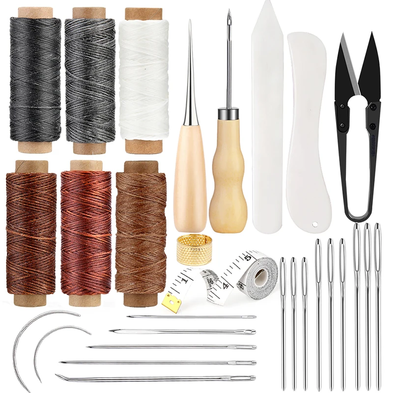 

LMDZ Leather Craft Kit Folder Paper Creaser Plastic Bone Tool Leather wax Thread Hand Sewing Needle Punch For DIY Handmade