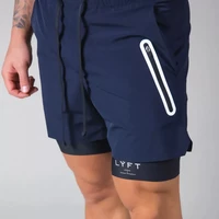 2022 summer new mens two in one jogging fitness training quick drying mens sports shorts zipper pocket navy blue casua