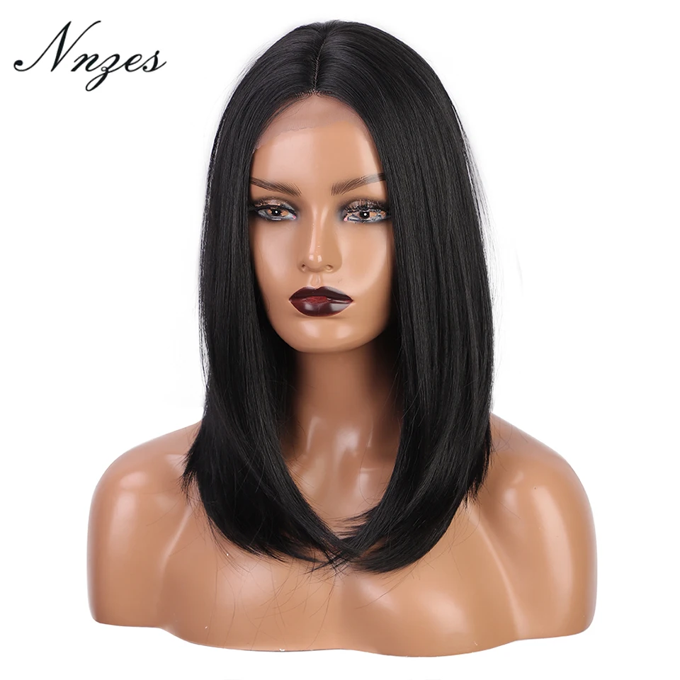 

NNZEs Synthetic Wigs Short Straight Black Wig for Women Middle Part Layered Hair for Daily Use Shoulder Length Bob Wigs