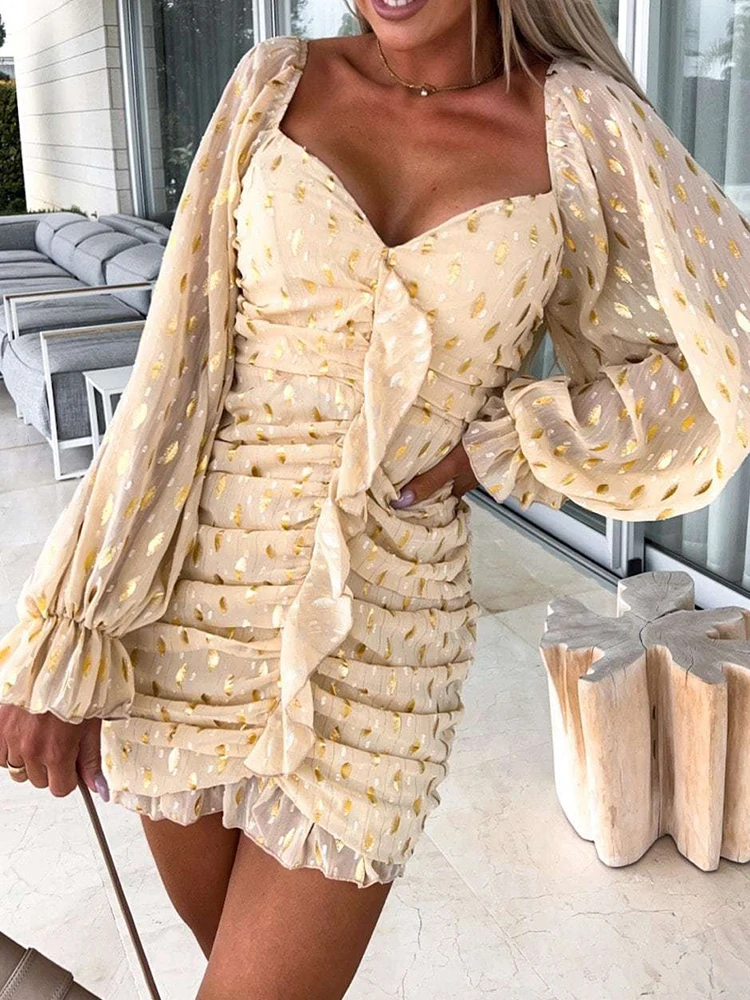 

Fashion Polka Dot Drape Skirt Dress Spring Sexy V Neck Party Club Dress Women Elegant Ruffle Backless Office Chic Dress 2022