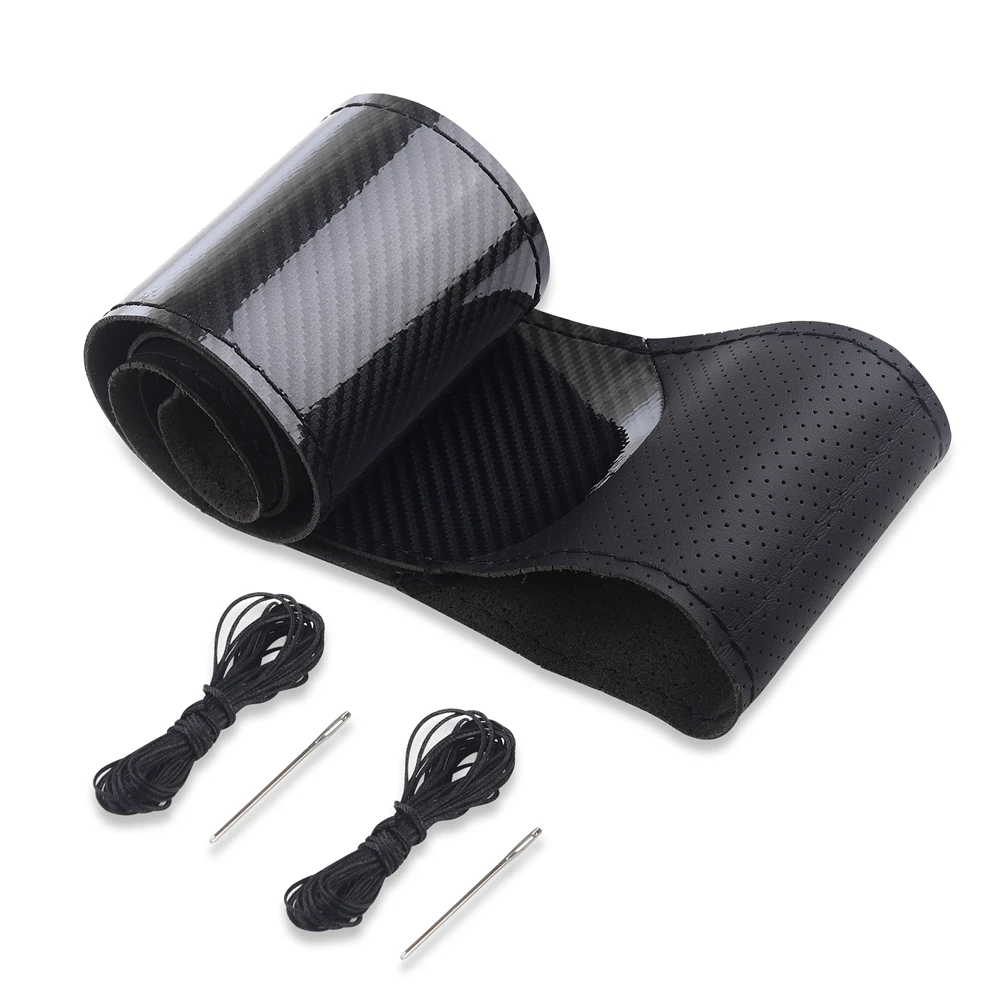 

Carbon Fiber Car Steering Wheel Cover SeW DIY Hand Stitch PU Leather Protector Braiding Cover For Steering Wheel 38 cm