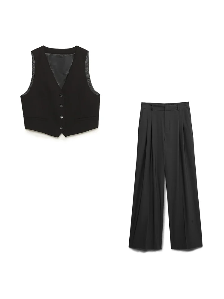 

2022 High Street Fashion Sets Womens Outfits Cropped Waistcoat Vest And Front Pleated Detail Wide Leg Pants Two Piece Set Women