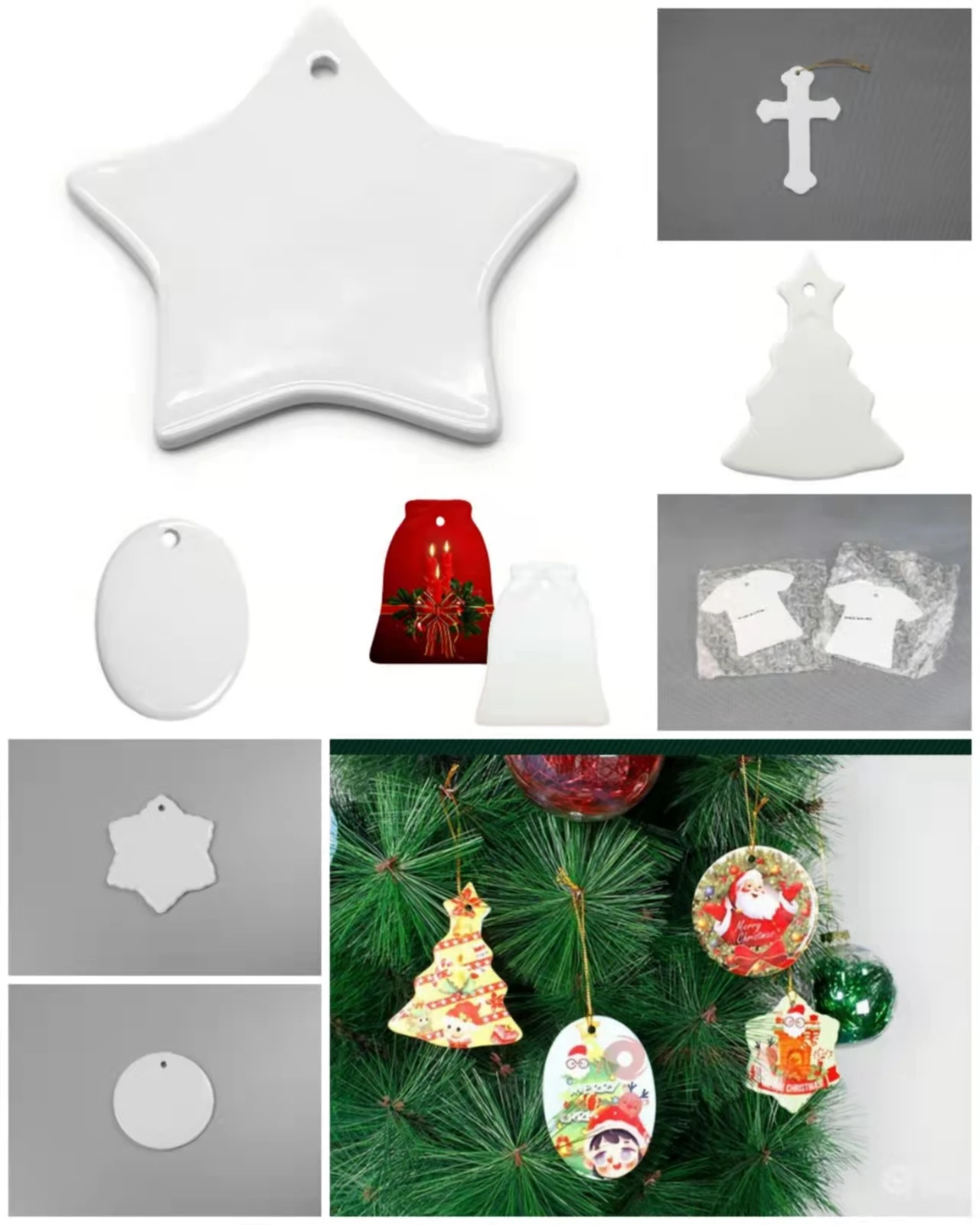 

DHL Sublimation Blank Ornament White Ceramic 3 Inch Round Heart Star tree Porcelain Pendant with Gold String for Christmas Home