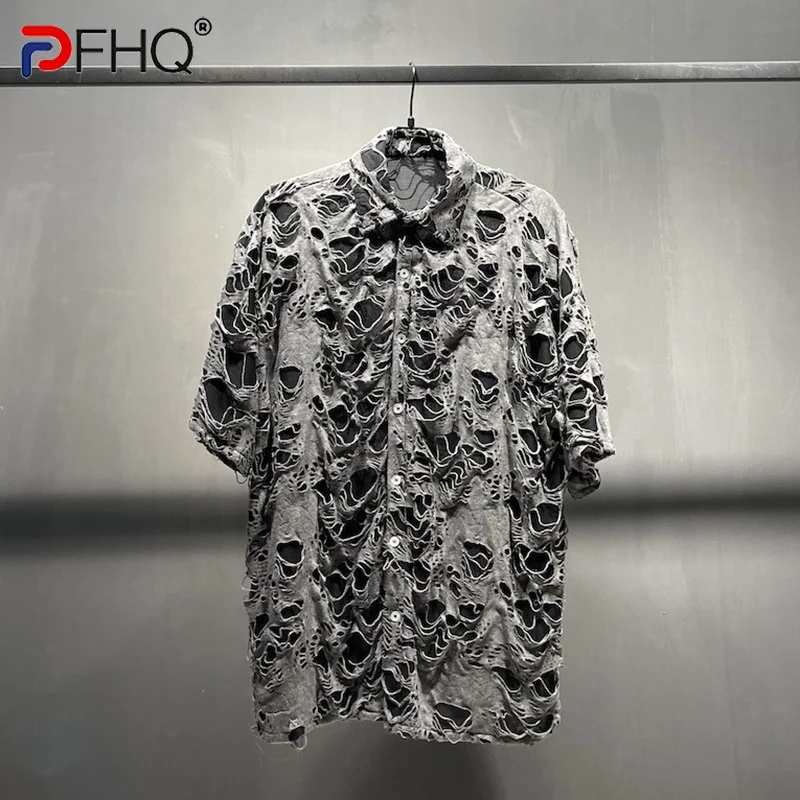 

PFHQ 2023 Design Wornout Broken Hole Short Sleeve Shirt Knitted Undercoat Loose High Quality Trendy Elegant Summer Free Shipping