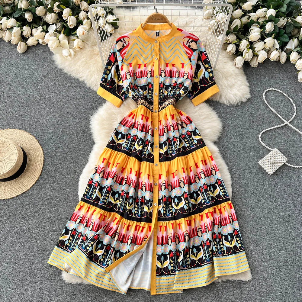 

Женское облегающее платье-рубашка, Элегантное однобортное платье-трапеция с круглым вырезом и коротким рукавом, лето 2022, G093