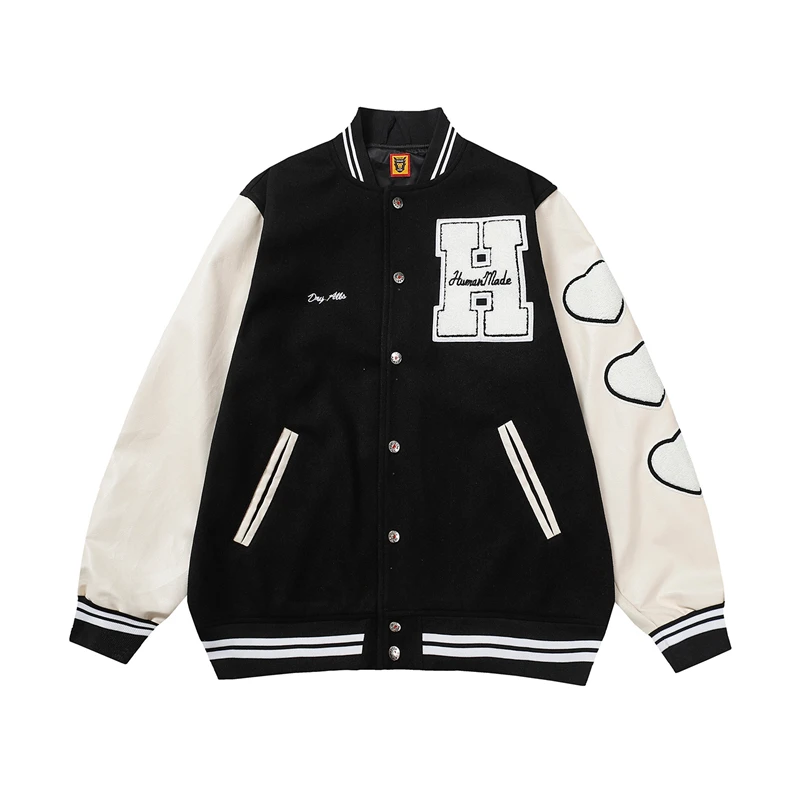 

Flocking Letter Embroidery Patchwork Human Made Wool Coat for Male and Female Retro Leather Sleeve Oversized Autumn Jackets