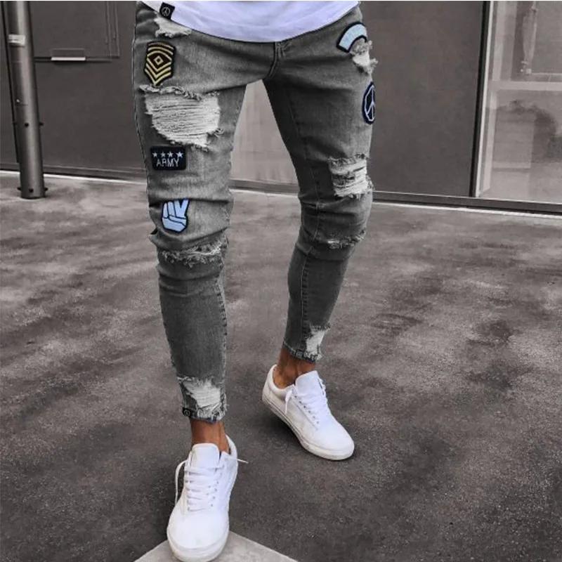 New Mens Jeans Hole Zipper Badge Fashion Casual Solid Denim Pants for Men