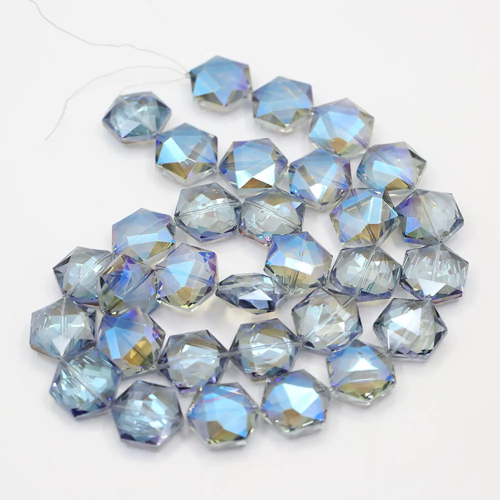 APDGG 23mm Natural Blue Crystal Glass Faceted Hexagon Nugget Loose Beads 30