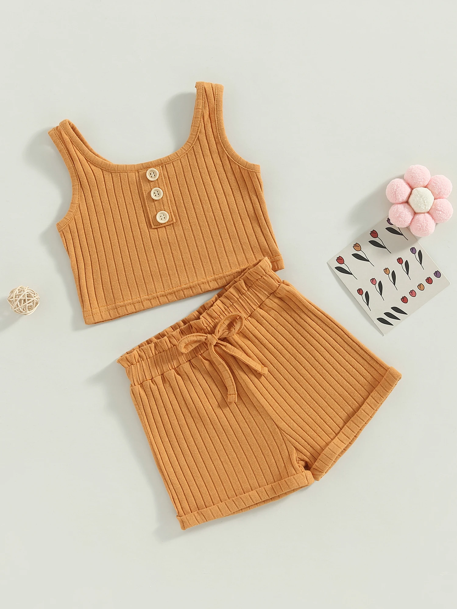 

Cute Infant Girl Two-Piece Set Sleeveless Knit Vest Top with Elastic Waist Solid Shorts - Adorable Newborn Outfit for Casual