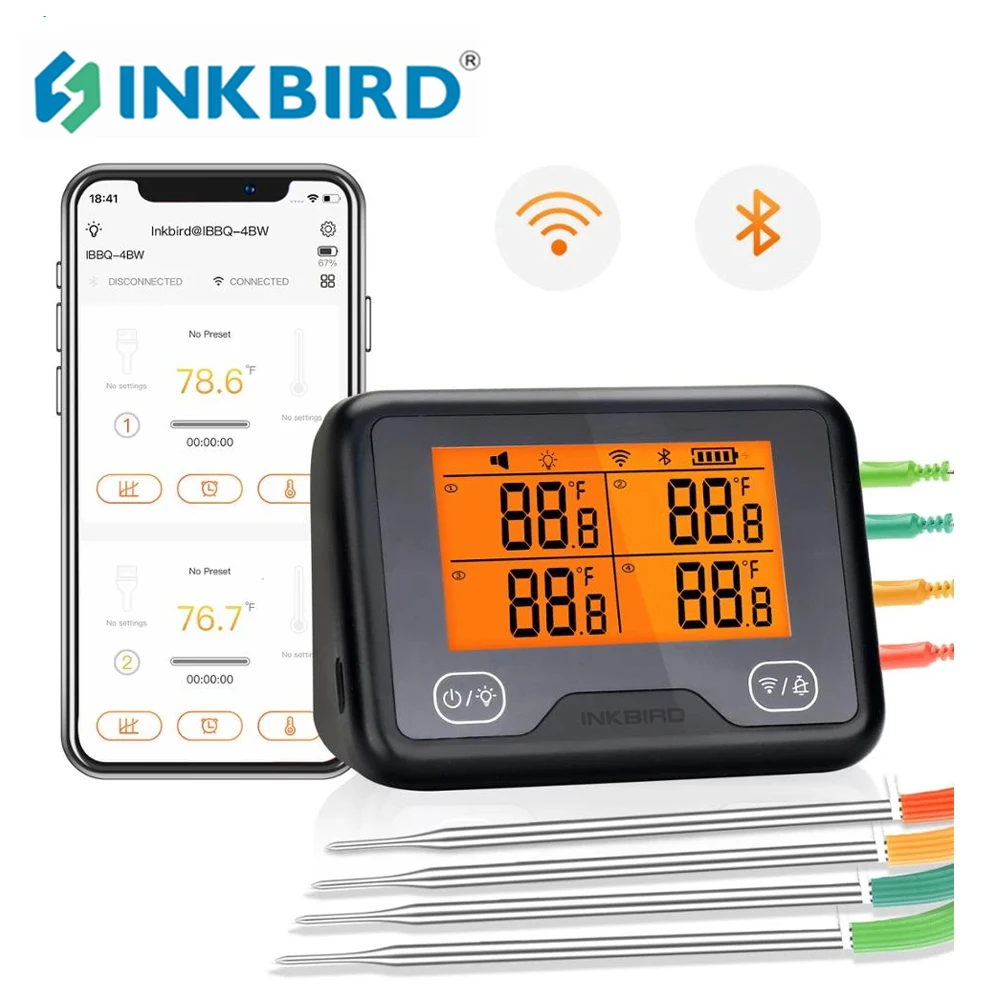 

INKBIRD IBBQ-4BW Wi-Fi Bluetooth Digital Grill Thermometer Rechargeable Wireless BBQ Thermometer with 4 Probes Temp Alarm Graph