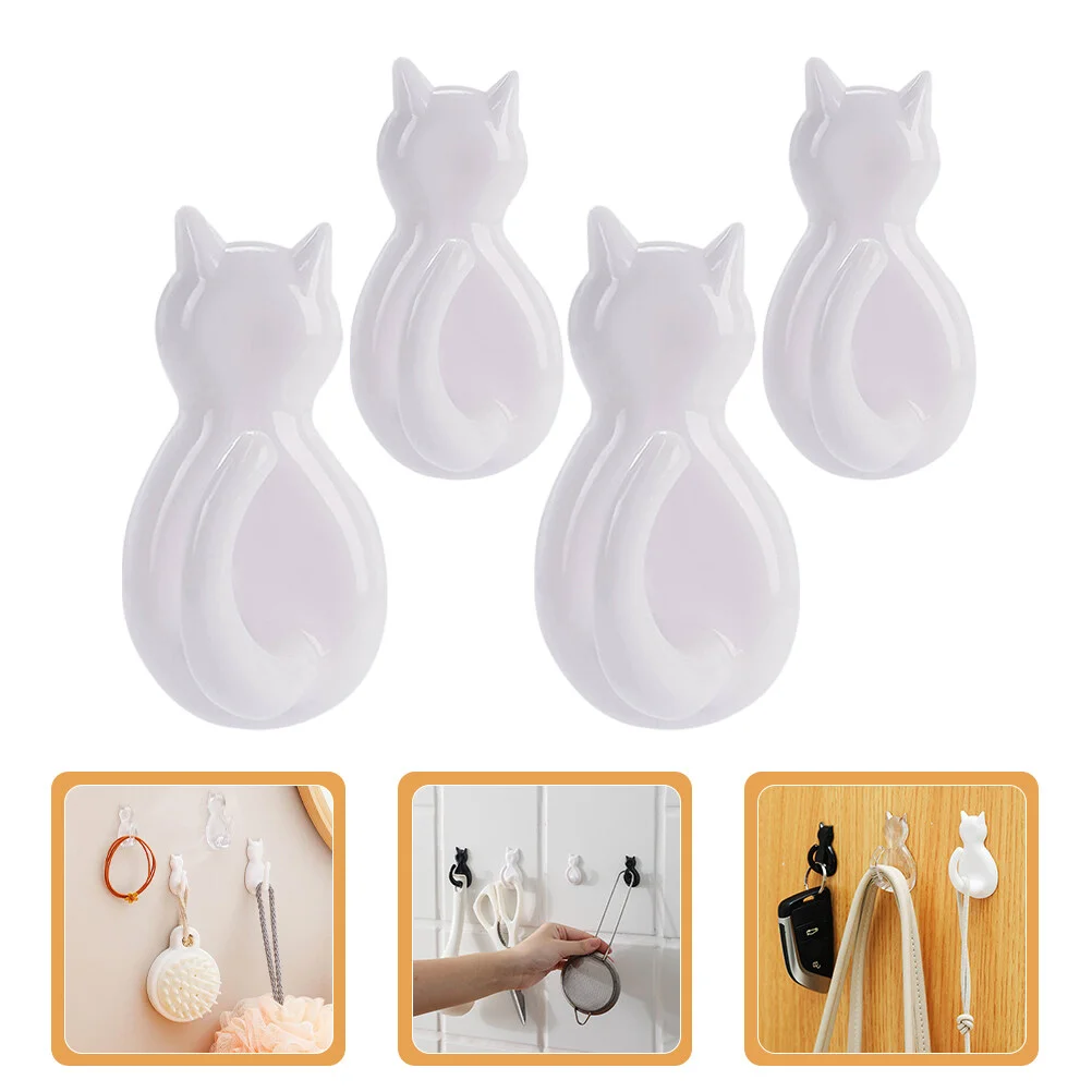 

4 PCS Guitar Hooks Cat Tail Wall Hanger No Trace Coat Key Case 5.8x2.9cm Sticky Clothing White Plastic Mounted