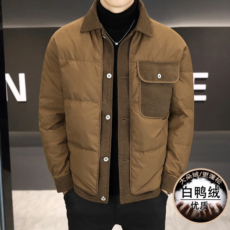 Повседневные мужские однобортные куртки на белом утином пуху зима 2024 Молодежные