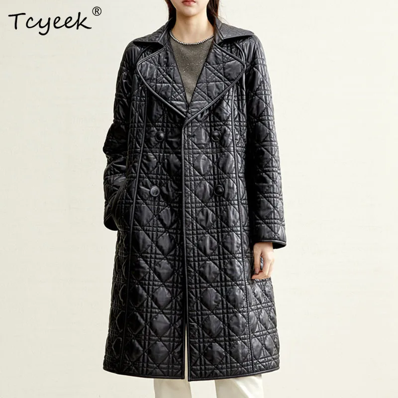 

Женская куртка из натурального гусиного пуха, длинная двубортная ветровка из овечьей кожи с поясом, роскошная зимняя куртка