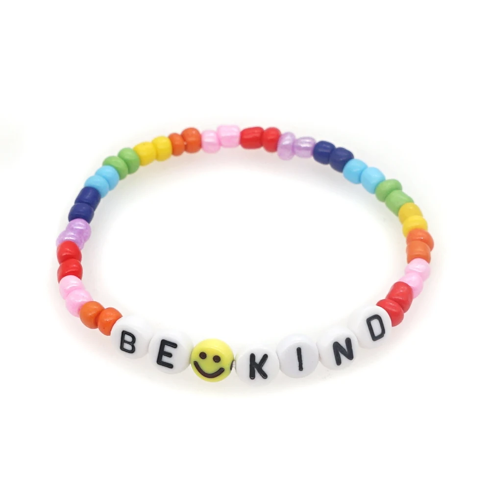 Фото Женский браслет GO2BOHO BE KIND с буквенным принтом и смайликом, простые ювелирные изделия в богемном стиле CN 6/O, разноцветные браслеты с бусинами ... №3