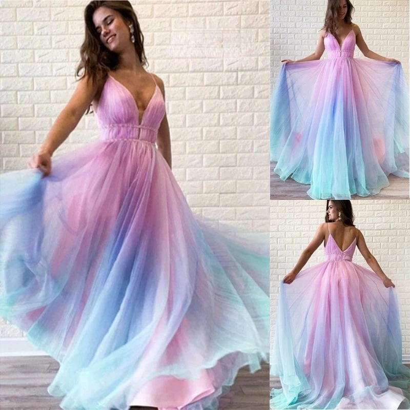 

HENCHIRY New Wome's Fashion Sleeveless Dress A Line Straps Gradient Chiffon Party Long Evening Dresses Floor Length Prom Dress