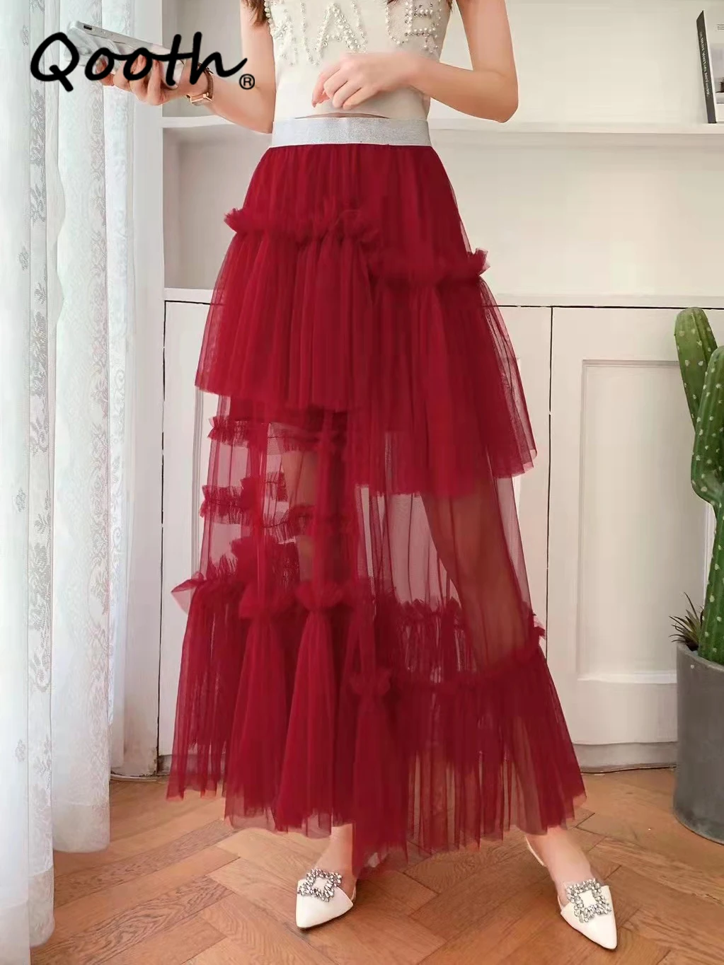 

Qooth Women 8 Color Asymmetrical Tulle Gauze Skirt Elegant Elastic Waist Hollow Out Mesh Skirt For All Season QT2213