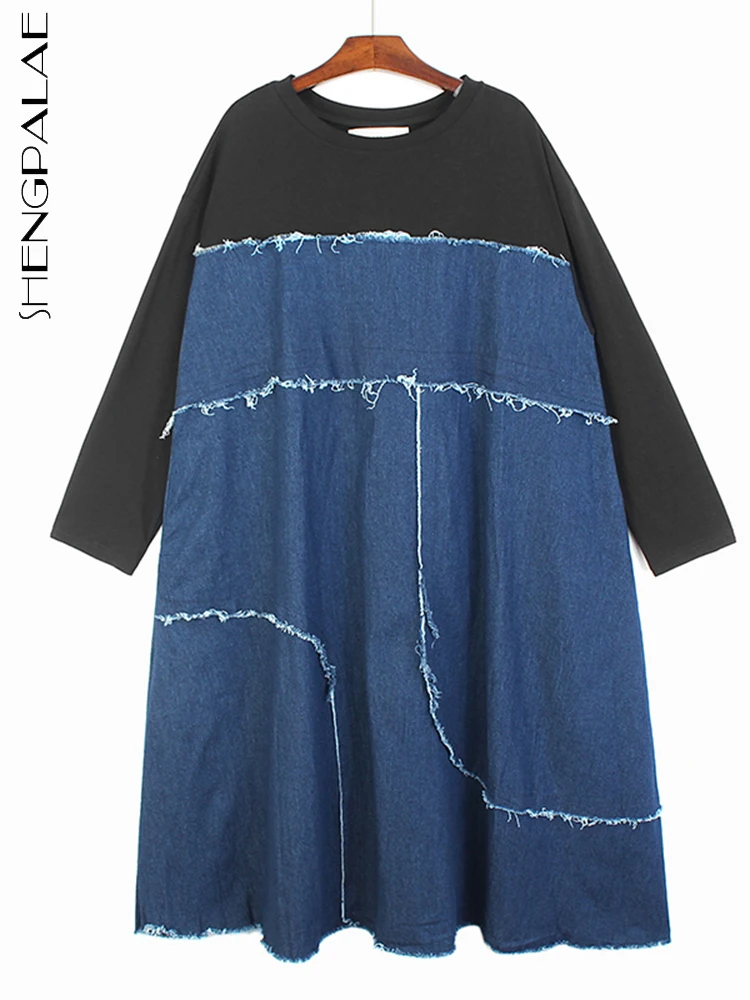 

SHENGPAIAE женское платье с круглым воротником и контрастной бахромой, рукав три четверти, свободное платье на талии, осень 2022, новинка 5W797