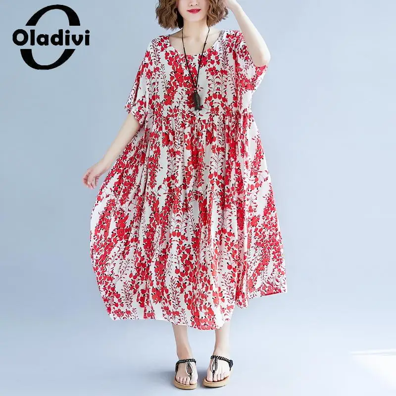 

Oladivi модное женское пляжное платье с принтом в богемном стиле 2023 летние новые длинные платья с коротким рукавом Женская одежда оверсайз 6XL 7XL 5987