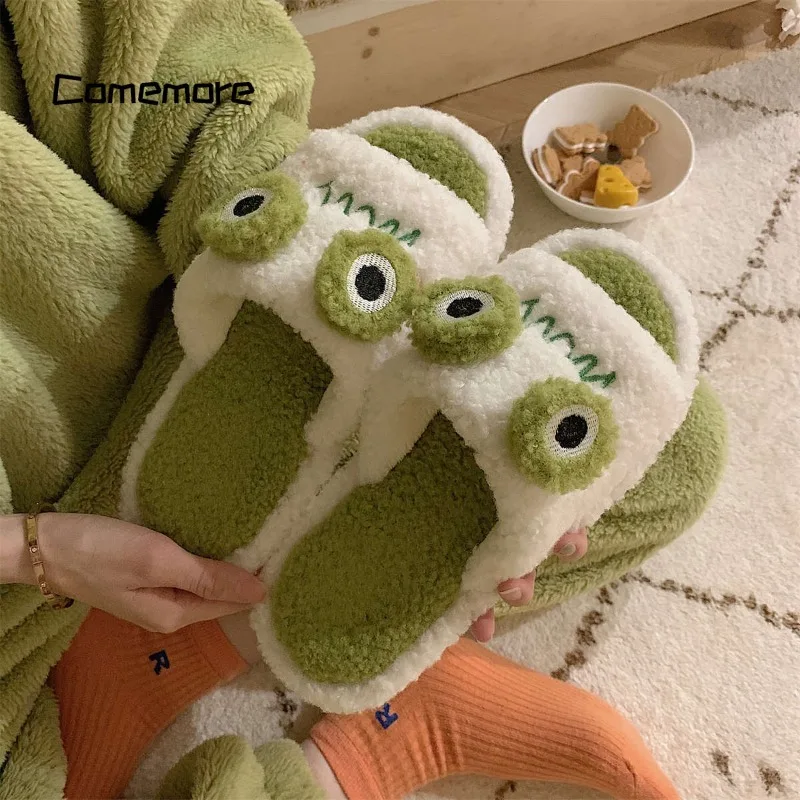 

Comemore Indoor Home Cotton Slippers Frog Cartoon Cute Autumn Warm Open Toe Plush Slippers Man 2023 Winter Slides Women Slipper