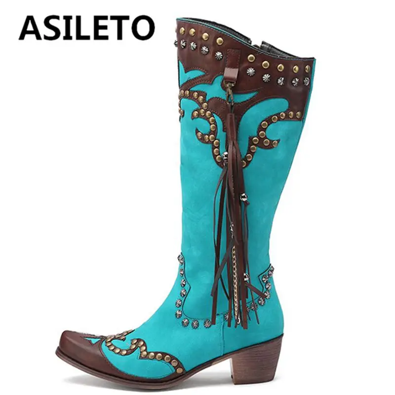 

Женские ковбойские ботинки ASILETO с круглым носком на блочном каблуке, заклепки на молнии с кисточками, модель S3710, смешанные цвета, голубой цв...