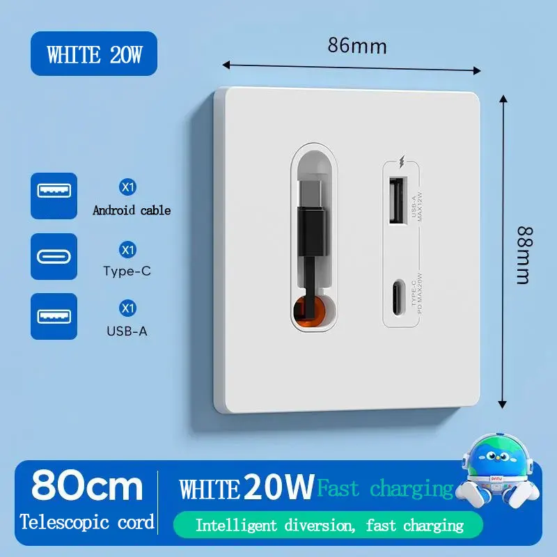 

Универсальная настенная розетка EU PD 20 Вт USB C Smart с двумя портами Type-C, портами быстрой зарядки и выдвижным кабелем длиной 80 см для дома