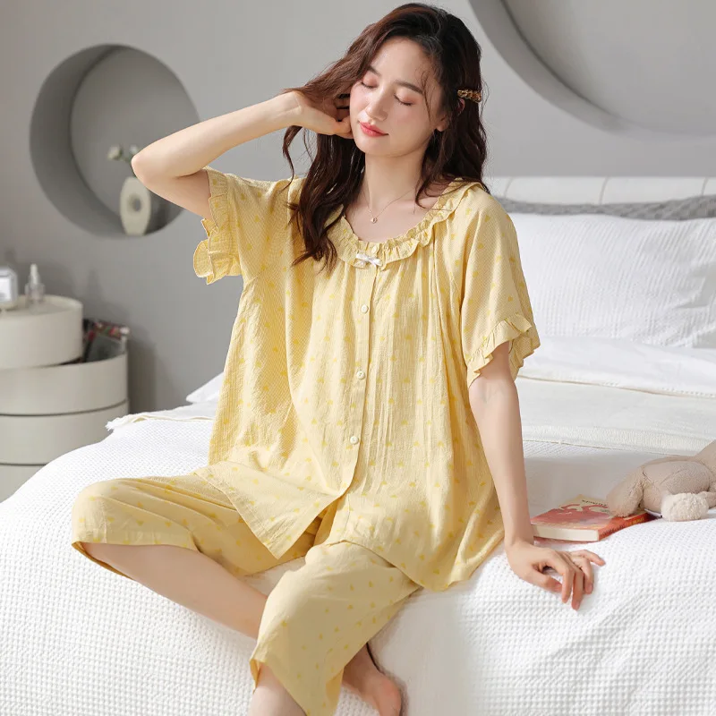 Pajamas for Women's Summer Thin Cotton Short-sleeved Cropped Pants Korean Style Home Service Suit Square Collar Casual Sleepwear