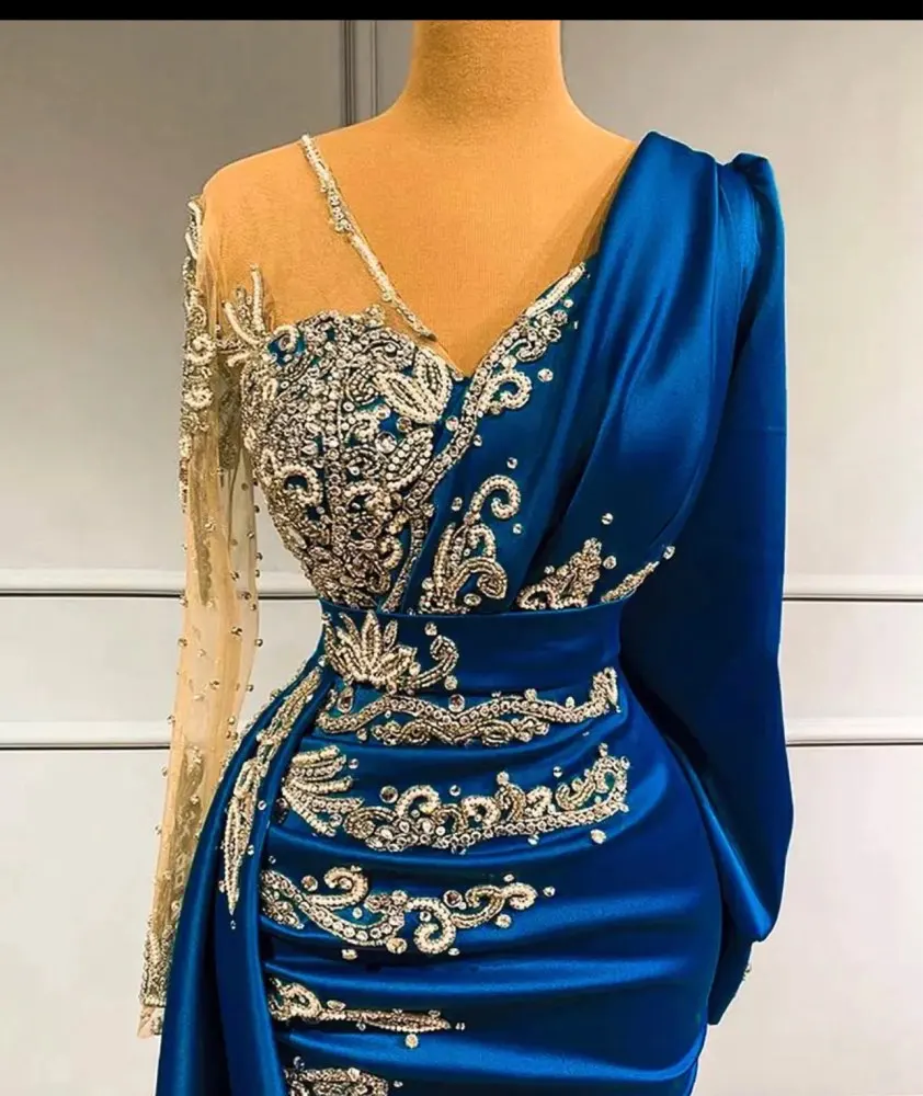 

Long Royal Blue Mermaid Full Sleeve Prom Dresses Luxurious Appliquéd vestidos de noche Pleated Party Evening robe soirée femme