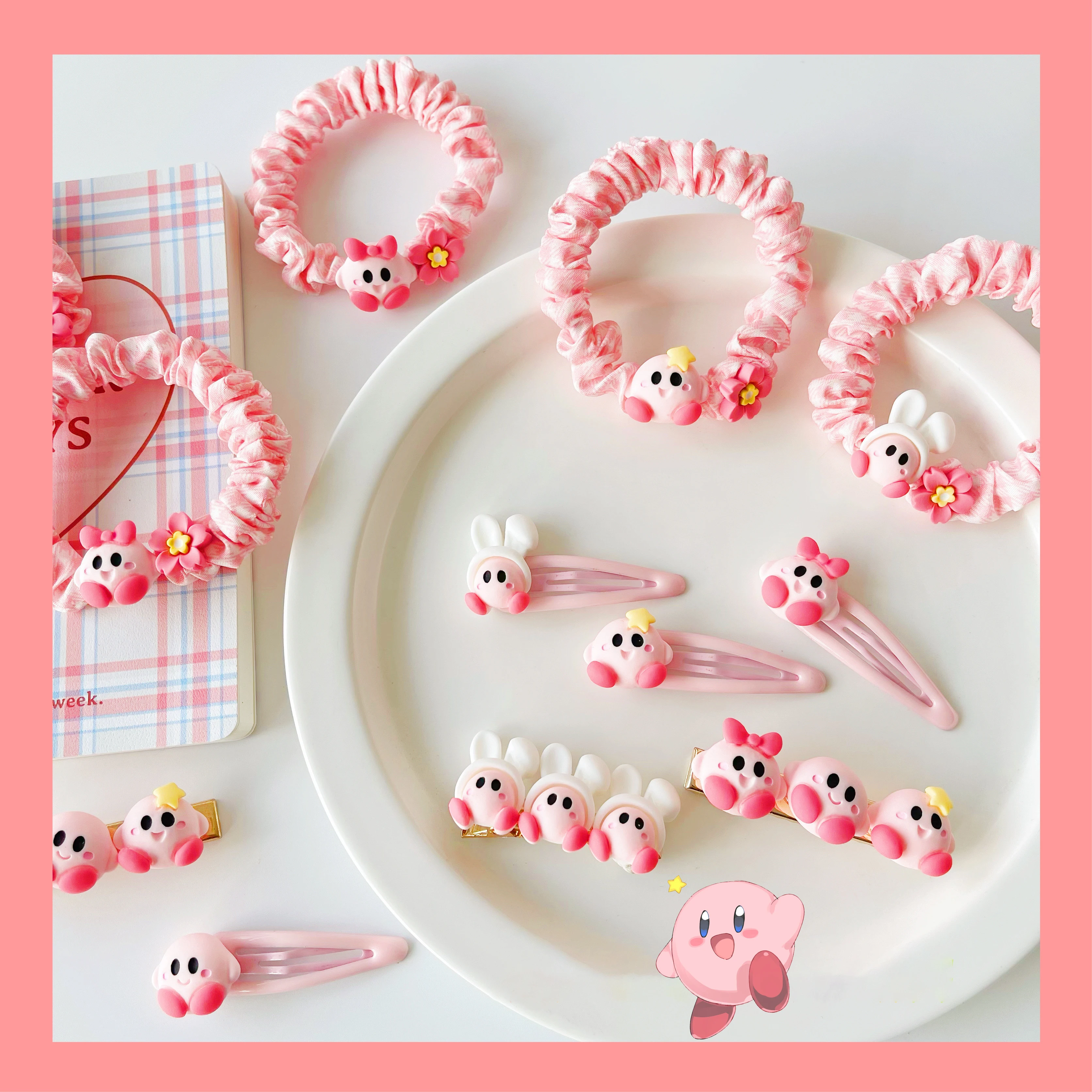 

Аксессуары для волос Kirby 3 шт./компл. заколки для волос кукла игрушка мультяшное креативное кольцо для волос резиновая повязка головной убор ...