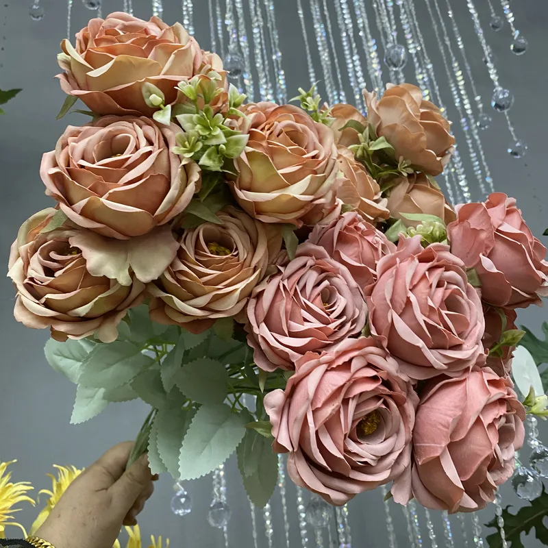 

Artificial Silk Rose Bouquet Golden Rose Wedding Road Lead Flower Arrangement Home Living Room Garden Flower Wall Decoration